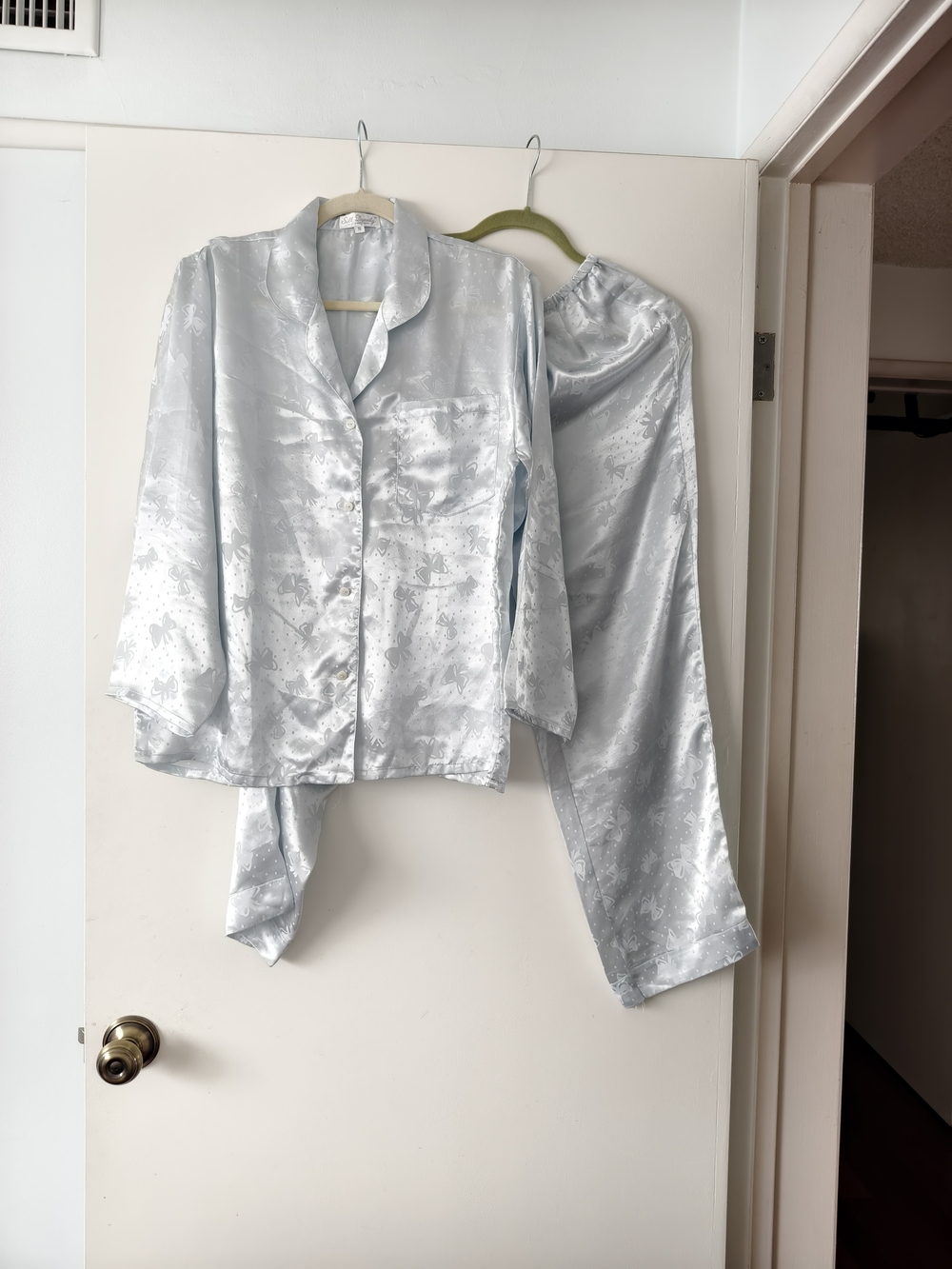 Satin Two-Piece Pajama Set in Light Silver-Blue
